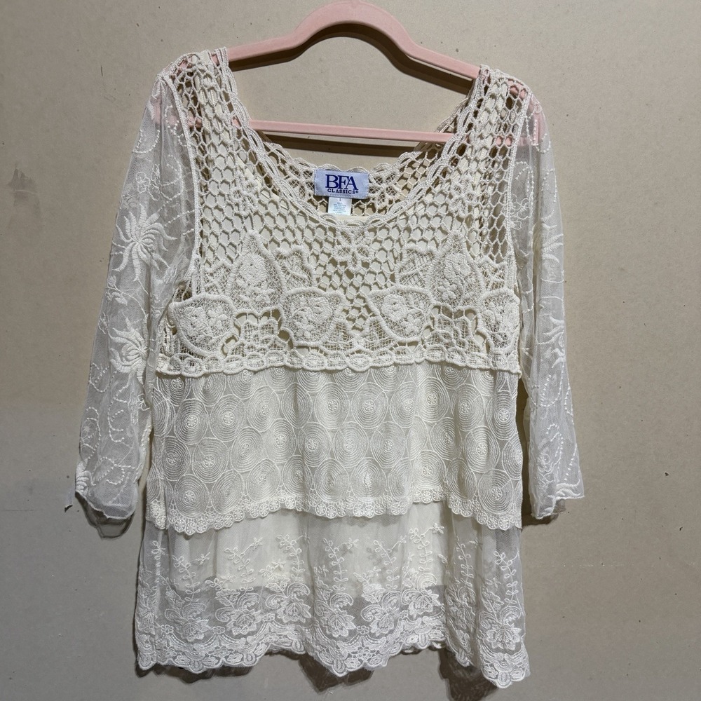 VTG Y2K BFA Classics Crochet Lace Layered Tunic Top Cream Boho Large L